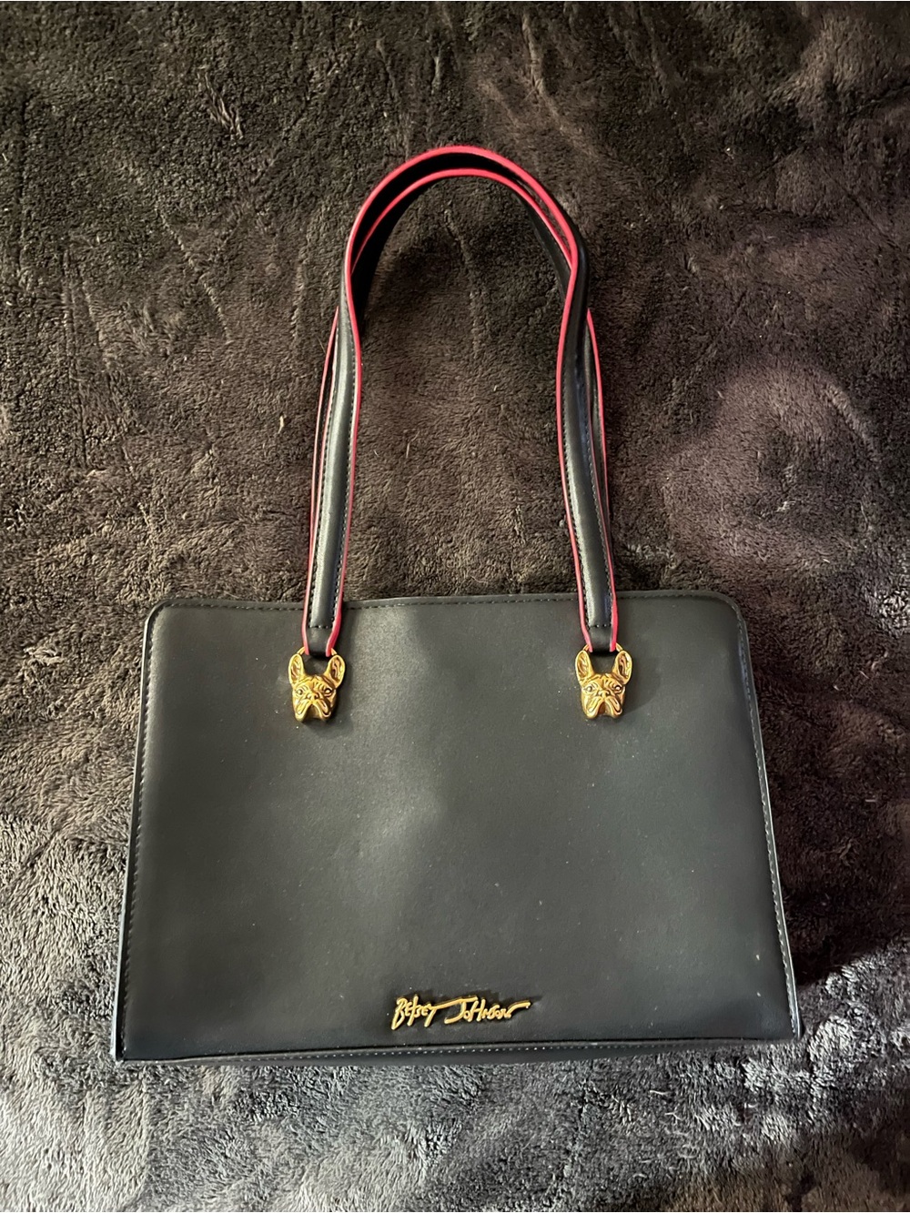 Betsey Johnson Black Frenchie Purse with Red Heart Charm and Gold Accents - Picture 2 of 9